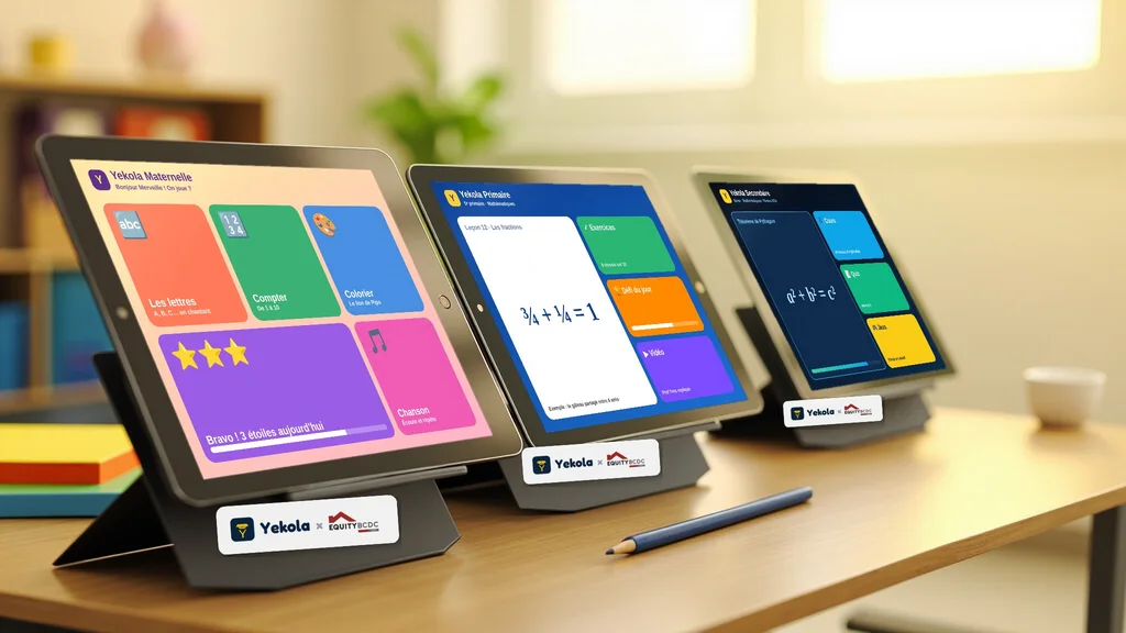 Trois tablettes Yekola – Equity BCDC : Yekola Maternelle, Yekola Primaire et Yekola Secondaire.